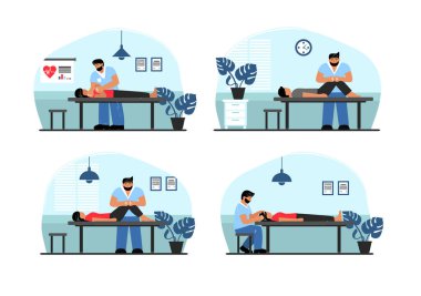 Osteopatinin vektör düz çizimi. Bir osteopat bir hastayı tedavi eder. Sıradan bir terapist. Sırtı, başı ve vücudu tedavi edilmiş. Baş ağrısı tedavisi