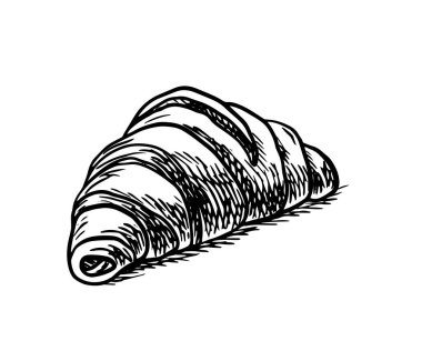 Kruvasan tatlı fırın ürünü çizimi, kabartma vektör çizimi. Tahta sitili taklit. Siyah beyaz el çizimi resim.