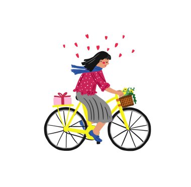 Park arka planında çiçekli bisiklete binen genç bir kadın karakteri. Aktif Kız Bisiklet Sürmekten Hoşlanıyor Açık Hava. Sağlıklı Yaşam Tarzı, Çevre Taşımacılığı. Çizgi film Düz Vektör İllüstrasyonu
