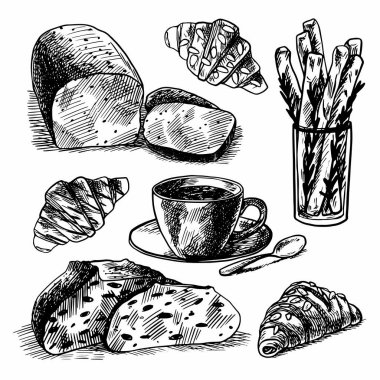 Vektör el çizimi farklı ekmekler: buğday tohumu, uzun somun, tava dilimlenmiş ekmek, kruvasan ve bulvar. Siyah ve beyaz, beyaz üzerine izole.