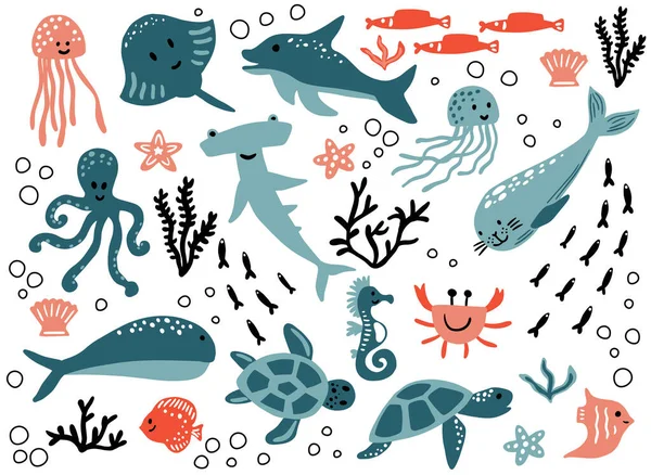 Симпатичный векторный океанский набор с морскими созданиями для девочек и мальчиков летний детский душ и дизайн дня рождения. Медуза, краб, черепаха, осьминог, рыба, скат, дельфин, тюлень — стоковый вектор
