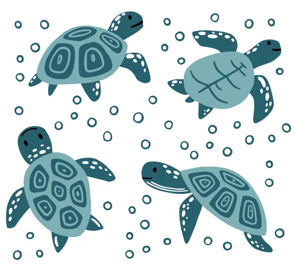 Conjunto de desenhos animados de tartaruga marinha azul grande desenho animal bonito oceano tartaruga nadando em água plana vetor ilustração isolado no fundo branco —  Vetores de Stock