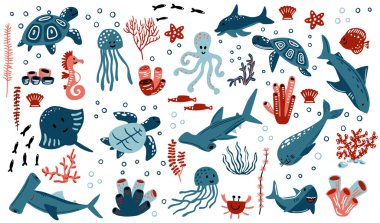 Kızlar ve oğlanlar için deniz yaratıklarının oluşturduğu şirin vektör okyanus seti yaz bebek partisi ve doğum günü partisi tasarımı. Denizanası, yengeç, kaplumbağa, ahtapot, balık, vatoz, yunus, fok