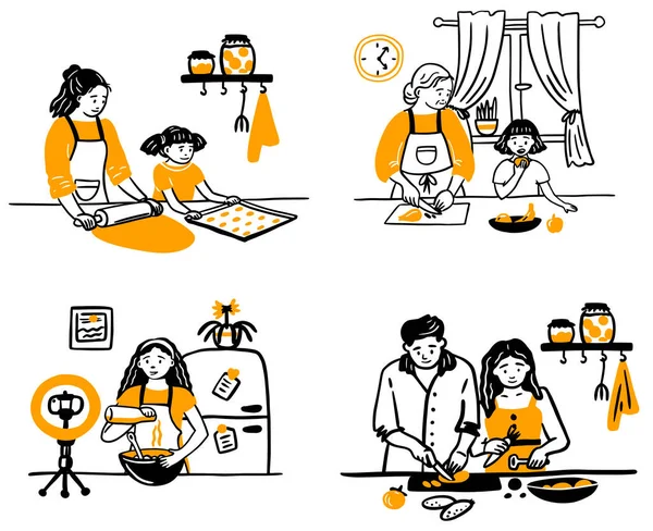 Conjunto Vectorial Felices Cocineros Familiares Cocina Chica Con Novio Mamá — Archivo Imágenes Vectoriales