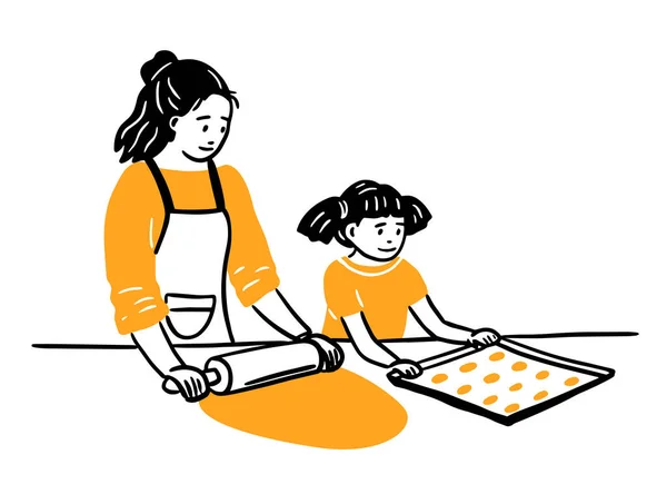 Mamá Feliz Cocina Con Bebé Ilustración Vectorial Extender Masa Hacer — Archivo Imágenes Vectoriales