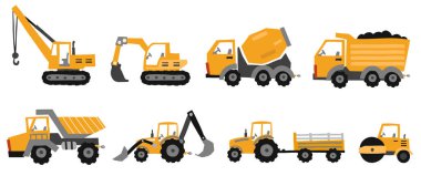Büyük bir inşaat ekipmanı seti. İnşaat işleri için özel makineler. Kazıcılar, traktörler, buldozerler, kamyonlar. Özel ekipman. Yol tamiri. Ticari Araçlar.
