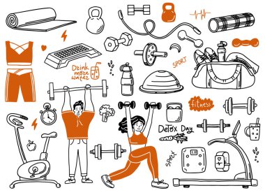 Topla, şişeyle, madalyayla, yemekle, diyetle, spor malzemeleriyle ve spor malzemeleriyle el çizimi. Çizgi film taslak stili. Sağlıklı ve aktivite yaşam tasarımı kavramı için vektör illüstrasyonu.