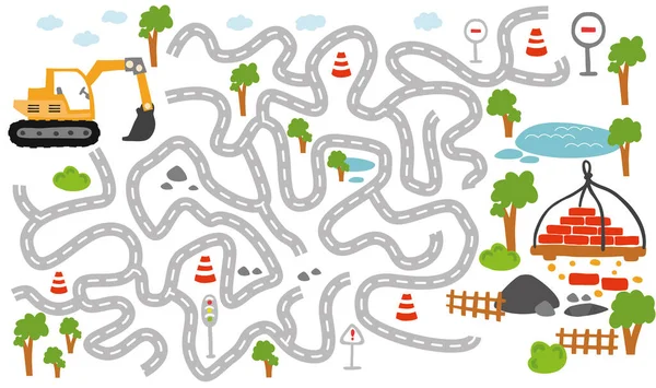 Labyrinthe enfants jeu avec camion et pelle. Illustration vectorielle 10 eps — Image vectorielle