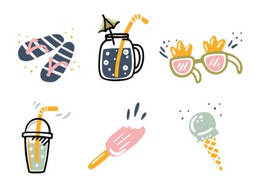 Tatlı yaz ikonları: farklı dondurma, buzlu şeker, meyveli dondurma ve dondurma kamyonu. Güzel yemeklerle dolu parlak bir yaz posteri. Yaz partisi için hatıra defteri ögeleri koleksiyonu.