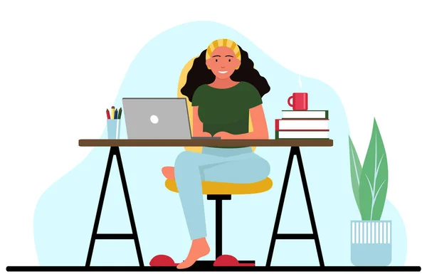 Ilustração vetorial. A menina está estudando em casa no computador. Universidade, escola em casa, exames de admissão. Plano. — Vetor de Stock