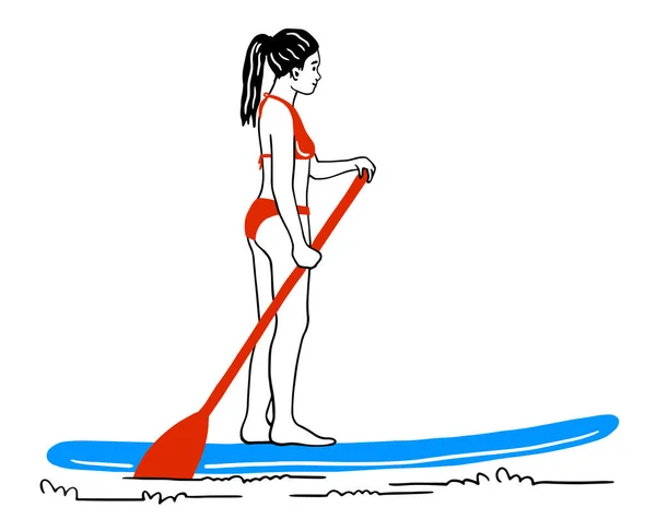 Çorba Tahtasında Kürek Çeken Bir Kadın Genç Bir Kadın Sörf — Stok Vektör