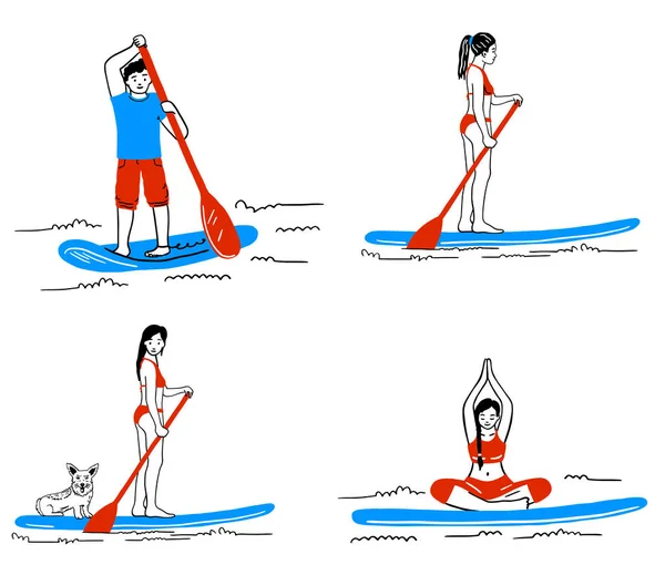 Stand Paddle Boarding Coleção Elementos Sup Surf Desenho Animado Vetor — Vetor de Stock