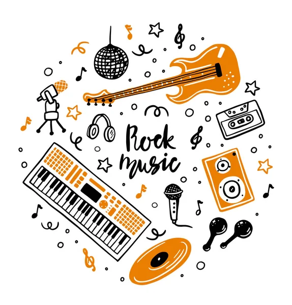 Conjunto Ícones Música Vetorial Mão Desenhado Doodle Instrumentos Musicais Retro — Vetor de Stock