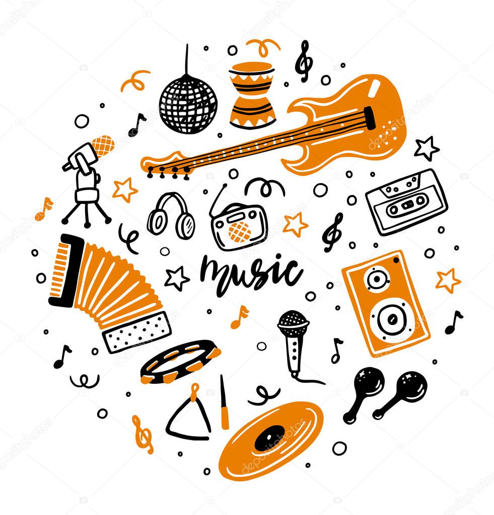 A set of vector music icons. Hand-drawn doodles, Musical instruments, Retro music equipment. Music of words. Guitar, accordion, speakers, microphone