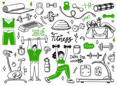 Topla, şişeyle, madalyayla, yemekle, diyetle, spor malzemeleriyle ve spor malzemeleriyle el çizimi. Sağlıklı ve aktivite tasarımı konsepti için vektör illüstrasyon. Karakterler spor salonunda egzersiz yaparlar.