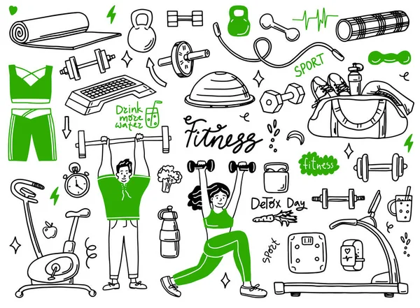 Set med handritade sport doodle med boll, flaska, medalj, mat, kost, fitness och gym element. Vektorillustration för hälsosam och aktivitetsliv design koncept. tecken övningar i gymmet i — Stock vektor