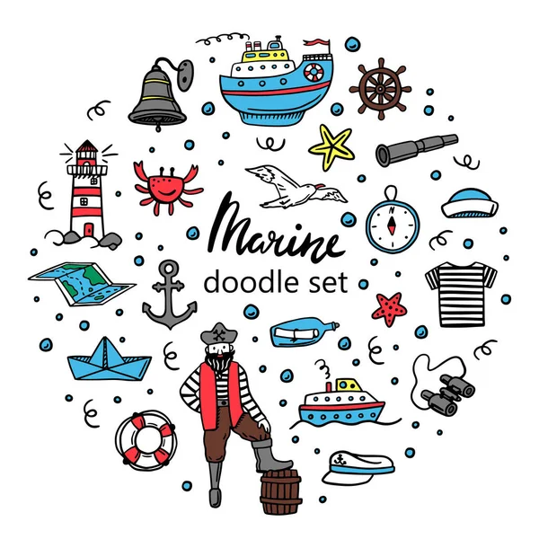 Um conjunto de ilustrações marinhas simples. Doodles desenhados à mão. Um conjunto de ícones do mar. Navios, farol, mar, ondas, gaivotas, palmeiras, ilhas, férias na praia, âncora, peixe, pirata. —  Vetores de Stock