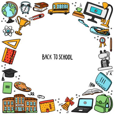 Eğitim, bilim ve kırtasiye eşyalarının renkli doğrusal sanat simgelerinin okul şablonuna geri dönelim. laptop, sırt çantası, küre, cetvel, çalar saat. karala