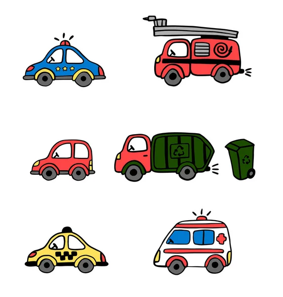 Városi kocsik vektorkészlete. Doodle stílusban. Mentő, kukásautó, tűzoltókocsi, taxi, rendőrautó. Kézrajz. Fiúknak, gyerekeknek — Stock Vector