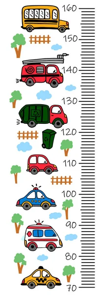 Un muro per misurare l'altezza con divertenti auto disegnate a mano. auto di città. taxi, ambulanza, camion dei pompieri, camion della spazzatura. — Vettoriale Stock