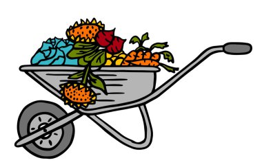 Bahçe ikonu için el arabası. Bitkiler için bir bahçe el arabasının vektör çizimi. Bahçe için el arabası. Hasat için el arabası. Lahana, ayçiçeği, havuç, pancar
