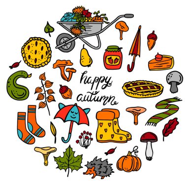 Sonbahar çizimlerinin vektör seti. Yapraklar, mantarlar, fizsaliler, botlar, el arabası, turta, balkabağı, şemsiye. El çizimi. karala.
