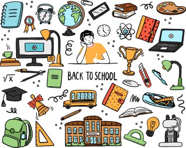 Okulun karalama setine dönüyoruz. Çeşitli okul malzemeleri - spor, sanat, okuma, bilim, coğrafya, biyoloji, fizik, matematik, astronomi, kimya. Beyaz arkaplan üzerinde izole vektör.