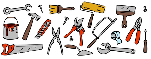 Un conjunto de herramientas de construcción. Doodle. podadora, martillo, alicates, espátula, cepillo, cortador, llave inglesa. Dibujo manual — Vector de stock