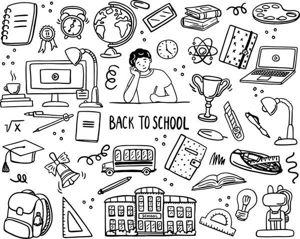 Back to School doodle set. Various school stuff - supplies for sport, art, reading, science, geography, biology, physics, mathematics, astronomy, chemistry. Vector isolated over white background. — Stock Vector