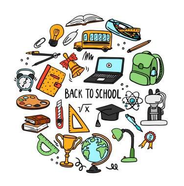 Okulun karalama setine dönüyoruz. Çeşitli okul malzemeleri - spor, sanat, okuma, bilim, coğrafya, biyoloji, fizik, matematik, astronomi, kimya. Beyaz arkaplan üzerinde izole vektör.
