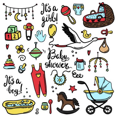 Bebek partisi tasarımı tasarım ikonları, el yapımı bebek bakımı öğeleri, bebek duş tasarım ikonları, çocuk kıyafetleri, oyuncak, önlük, bebek bezi, at arabası, çorap, şişe, bebek ayak izi