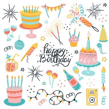 Doğum günün için vektör ayarlandı. Çizgi film tarzında elementler. Havai fişekler, kekler, bir şişe şampanya, bardaklar, kokteyller, maytaplar. Pastel renkler