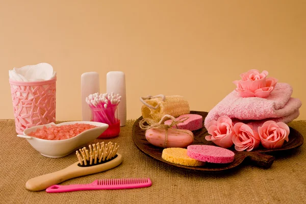 도구와 스킨케어 및 분홍색 co에서 머리의 정 — 스톡 사진