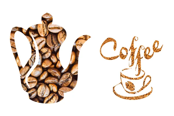 コーヒー ポットとカップは、白い背景の上のコーヒー豆 — ストック写真