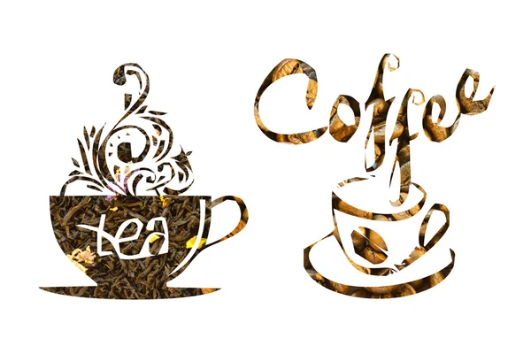 Zwei Tassen aus Kaffee und Tee mit Inschriften auf einem weißen Bac — Stockfoto
