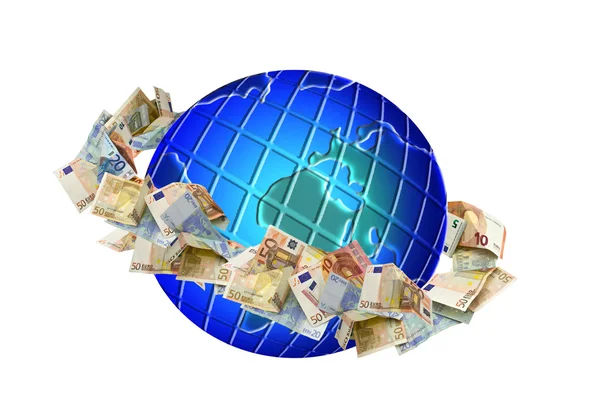 Globus mit Geld herum Stockbild