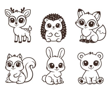 Şirin orman hayvanları geyik, kirpi, tilki, sincap, tavşan ve ayıyla karalama yapıyor. Elle çizilmiş orman hayvanı karakterleri vektör illüstrasyon koleksiyonu.
