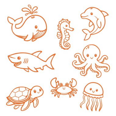 Şirin okyanus hayvanları balina, yunus, köpekbalığı, deniz atı, ahtapot, kaplumbağa, yengeç ve denizanasıyla karalama yapıyorlar. El çizimi deniz yaşam vektörü çizimi.