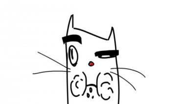 Siyah kalın kaşları ile kedi çiğniyor. Ağzına kadar dolu. Komik kedi. Çizgi film animasyon.