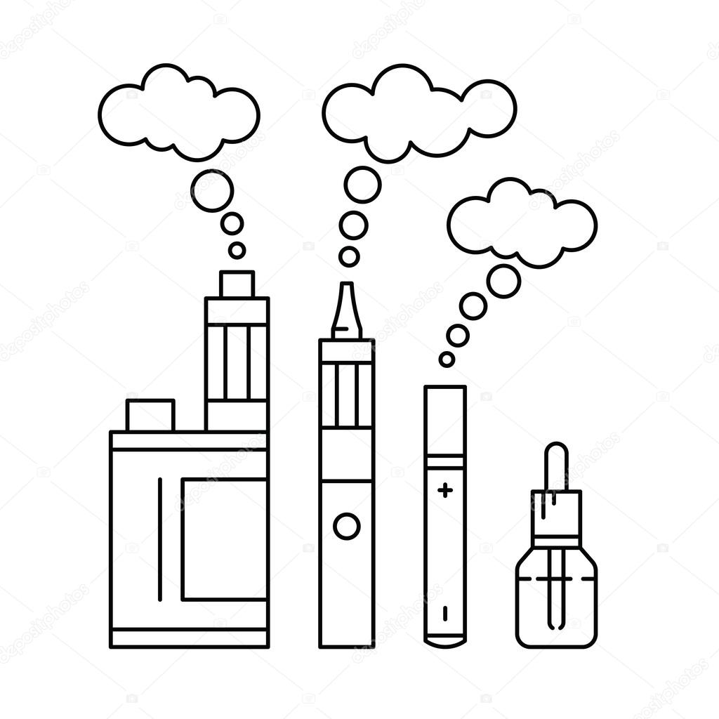 Vector illustration of electronic cigarette for vape shop and vape service, e-cigarette store, isolated, outline.