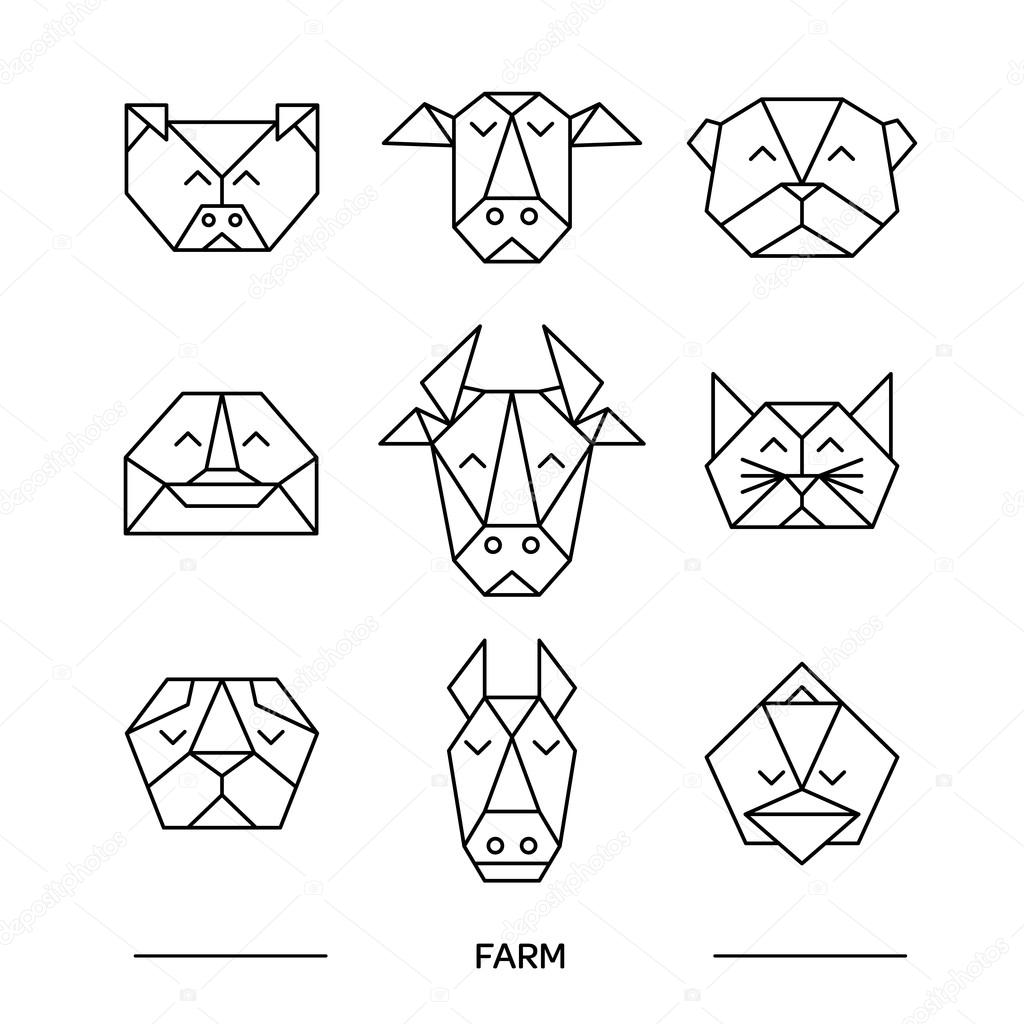 Origami vector animals set. Animal triangle heads. Vector origami animals. Geometric line design icon set. Vector origami animals for tattoo or coloring book.  Vector origami farm animals collection.