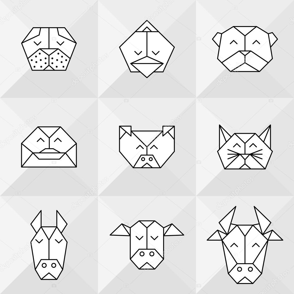 Stylized front view animal heads. Animal polygonal heads. Vector low poly animals. Low poly line design icon set. Vector low poly animals for tattoo. Low poly farm animals collection.