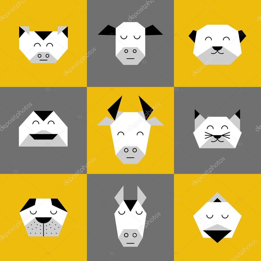 Stylized vector animals. Animal triangle heads. Vector origami animals. Geometric line design icon set. Vector origami animals for tattoo or coloring book. Vector origami farm animals collection.