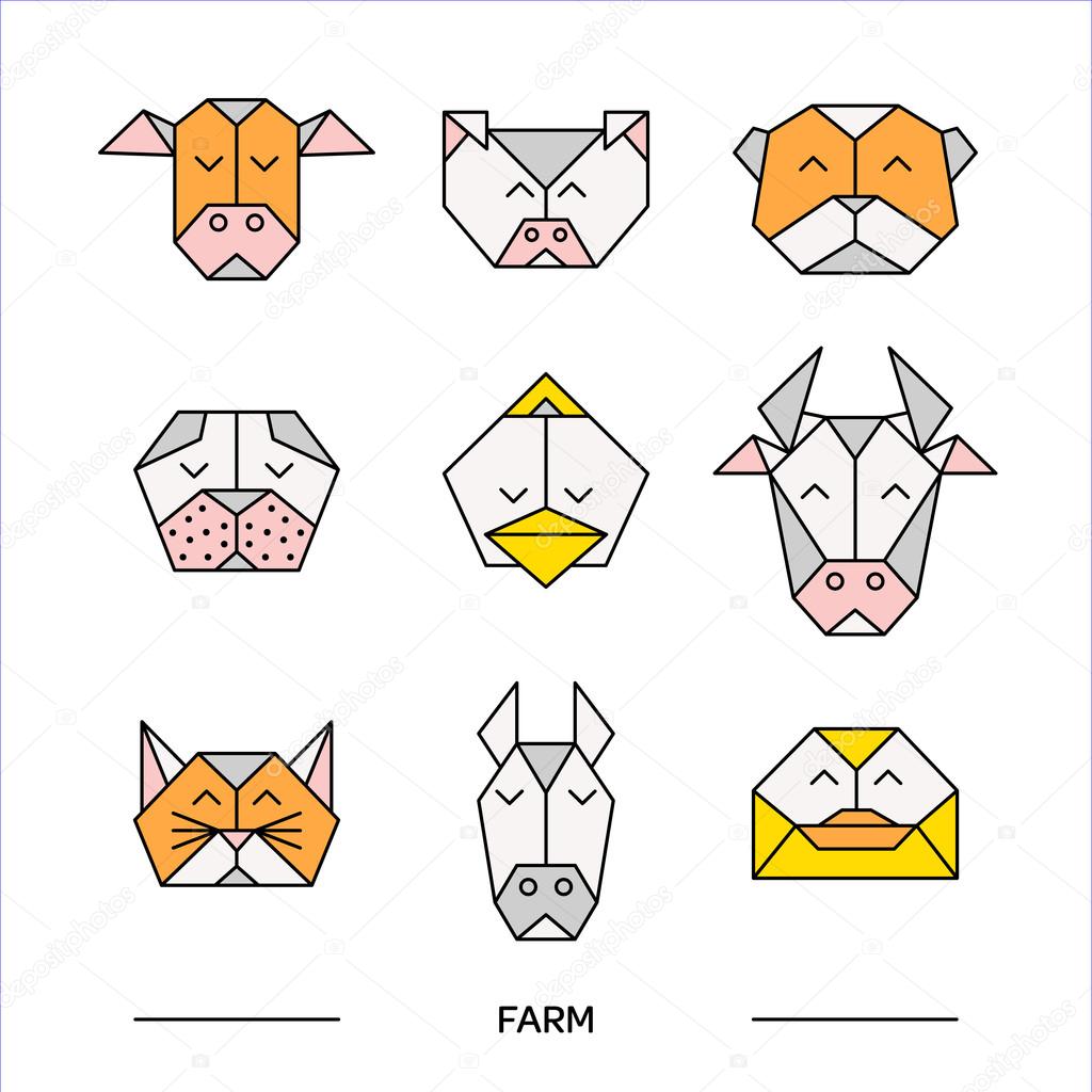 Low poly front view animal heads. Animal polygonal. Vector low poly animals. Low poly line design icon set. Vector low poly animals for tattoo or coloring book. Low poly farm animals collection.