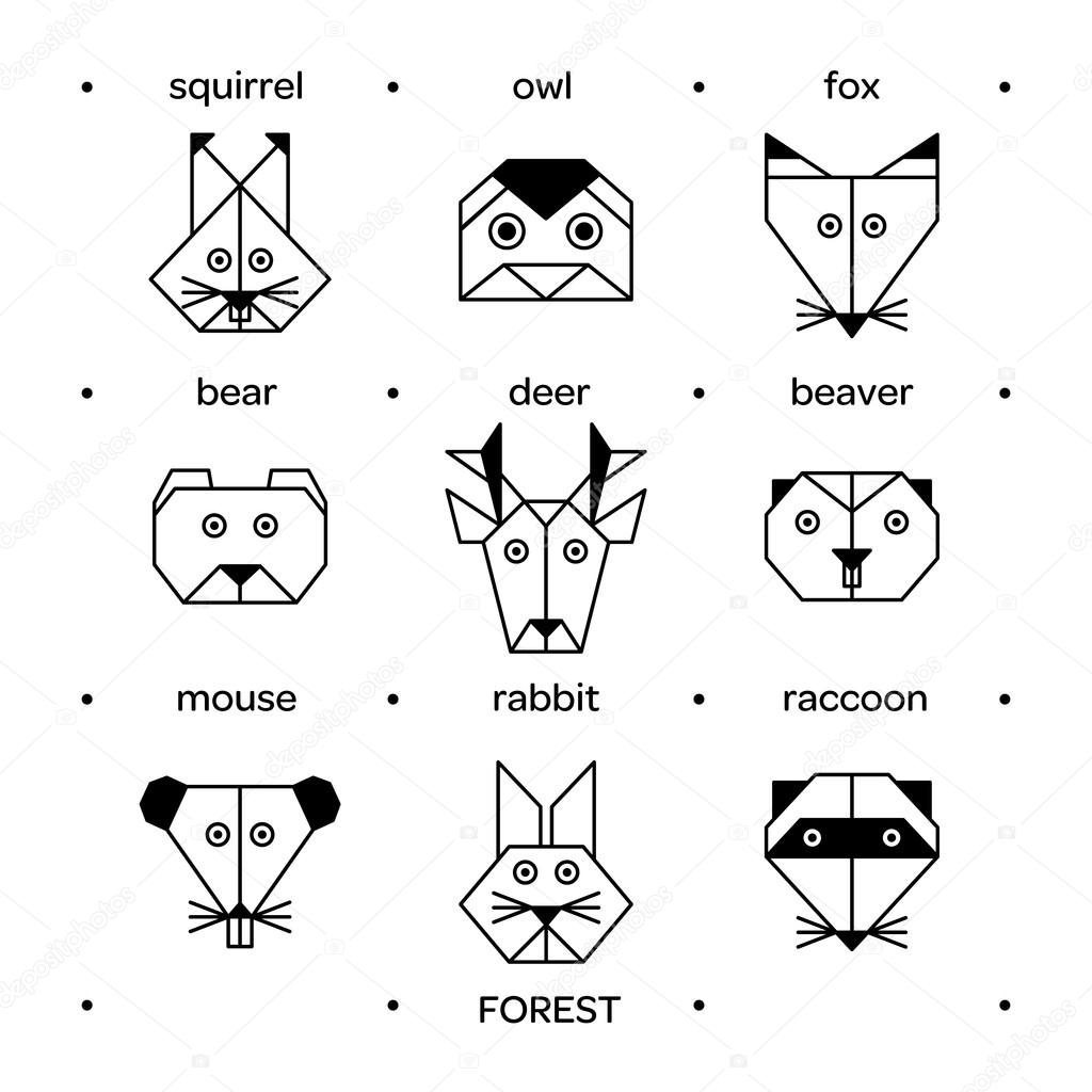 Stylized vector animals.  Animal triangle heads. Vector origami animals. Geometric line design icon set. Vector origami animals for tattoo or coloring book. Vector origami forest animals collection.