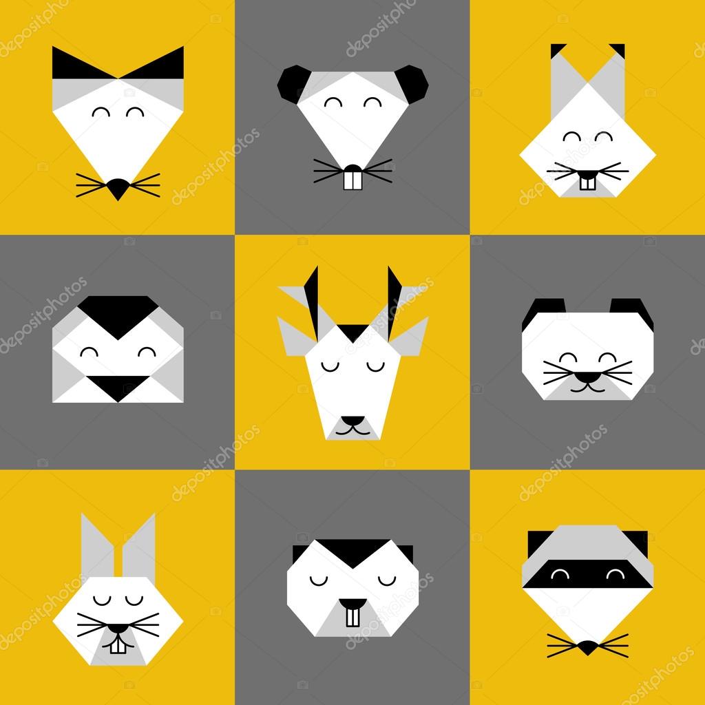 Stylized vector animals. Animal triangle heads. Vector origami animals. Geometric line design icon set. Vector origami animals for tattoo or coloring book. Vector origami forest animals collection.