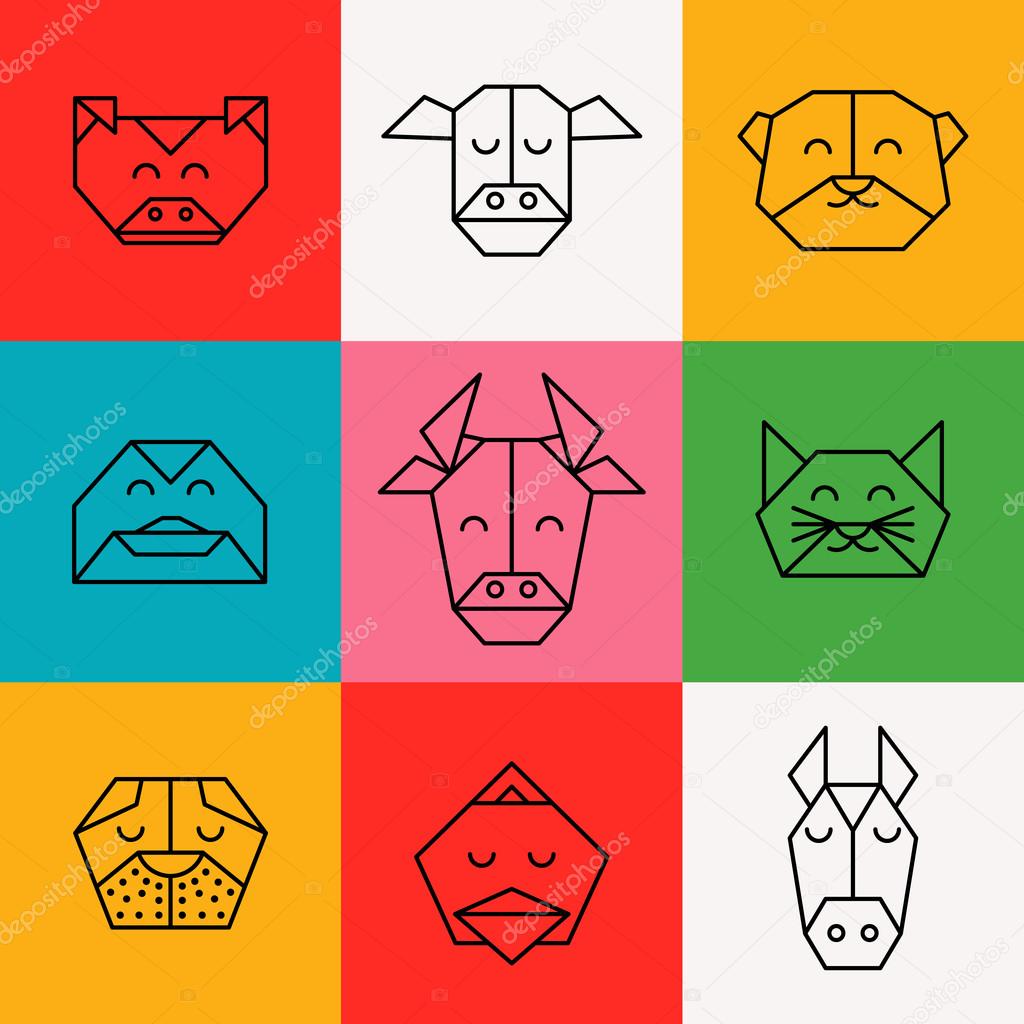 Stylized  front view animal heads. Animal triangle icon set. Vector polygonal animals. Geometric line design icon set. Vector polygonal animals for tattoo or coloring book. Farm animals collection.
