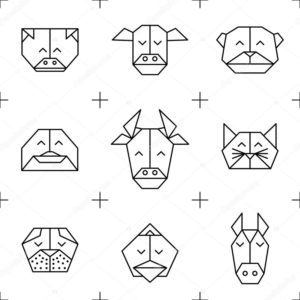 Polygonal seamless pattern with  animal heads. Animas triangle background. Animal low poly pattern. Vector origami animal pattern. Seamless polygon farm animal pattern.