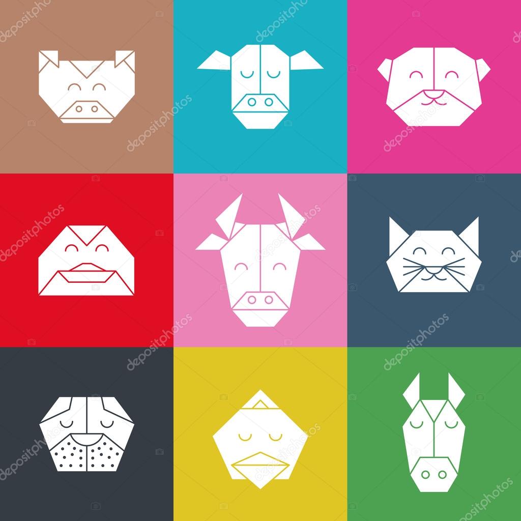 Pattern with polygonal animal heads. Animals triangle background. Animal low poly pattern. Vector origami animal pattern. Polygon farm animal pattern.