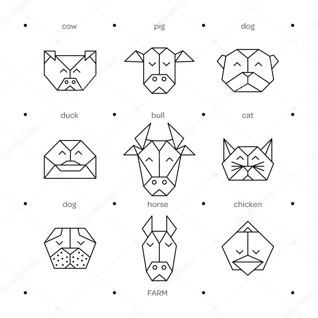 Origami vector animals set. Animal triangle heads. Vector origami animals. Geometric line design icon set. Vector origami animals for tattoo or coloring book.  Vector origami farm animals collection.